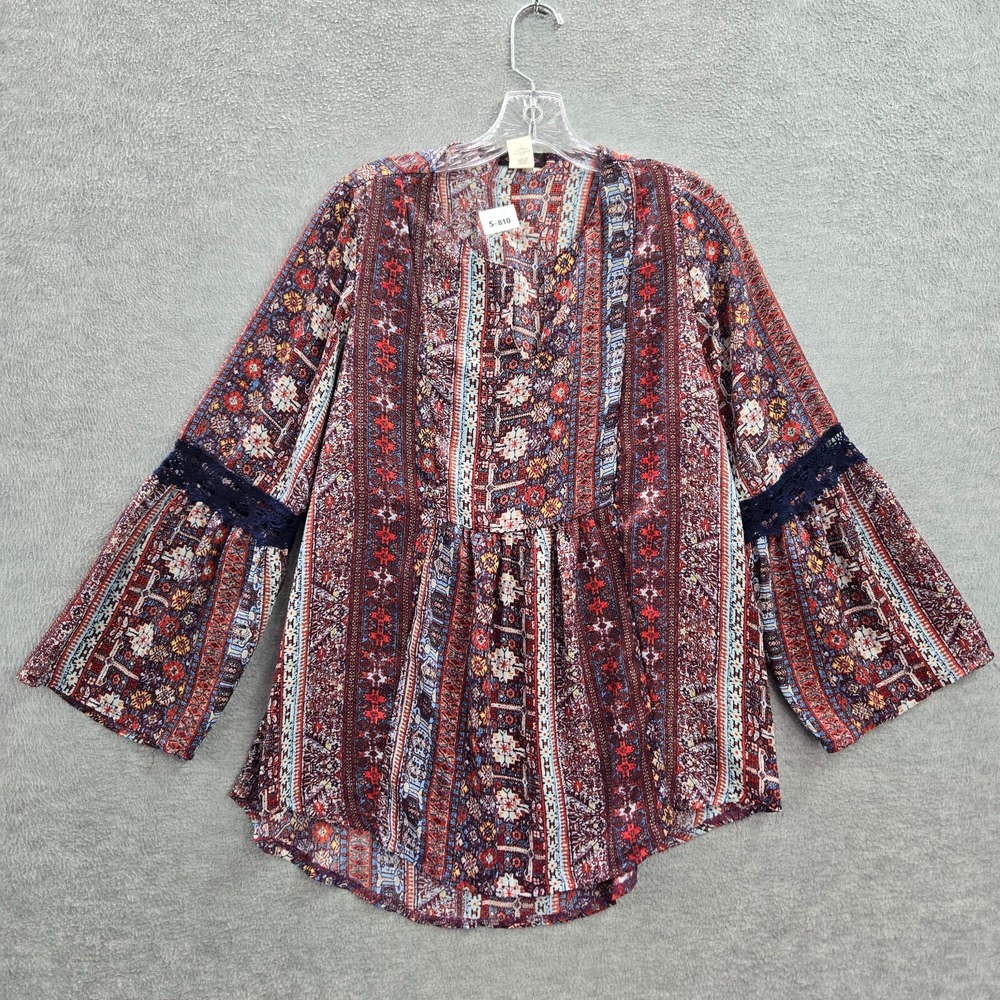Cocomo Women Top Large Red Boho Flared Sleeve Peplum V Neck Pullover